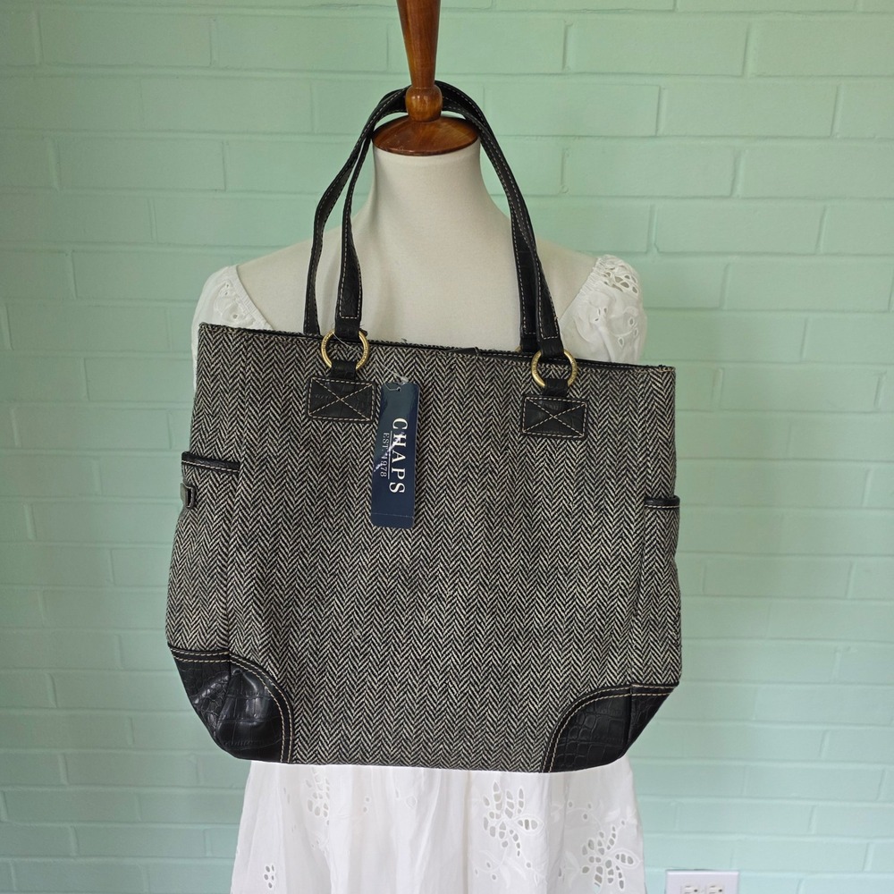 NWT Chaps Herringbone Tote Bag Black White Faux Croc Trim Gold Hardware minimal